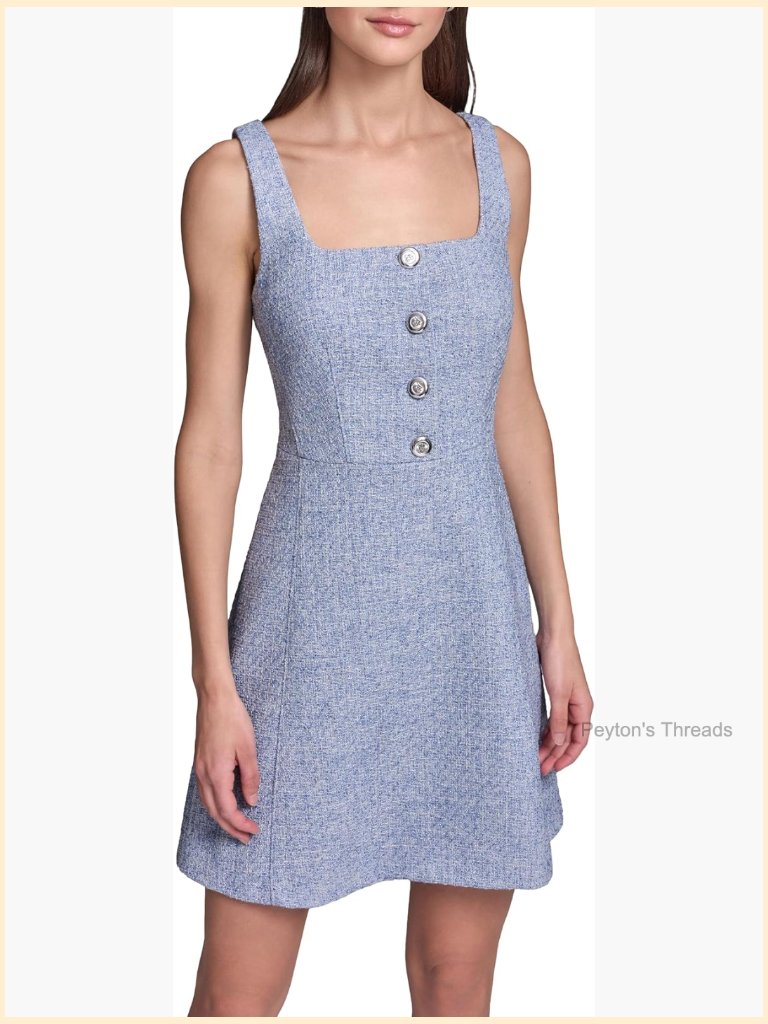 Sleeveless Square Neck Tweed Pearl Button A-Line Mini Dress